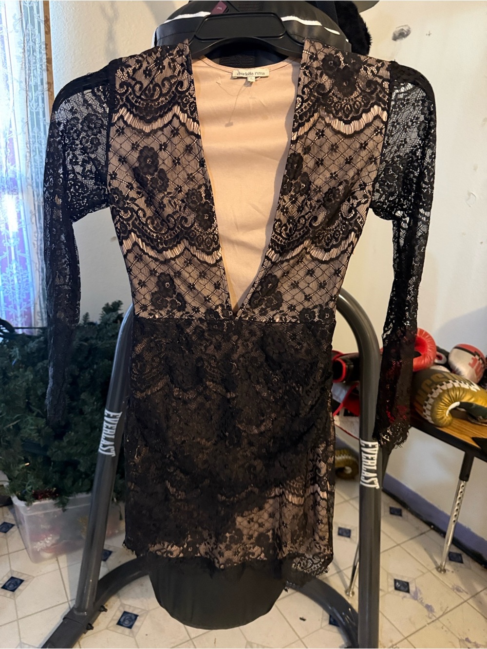 Charlotte Russe Black Lace Long Sleeve Dress with Nude Lining